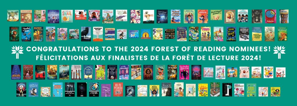 A turquoise Forest of Reading banner with book covers and white text.
